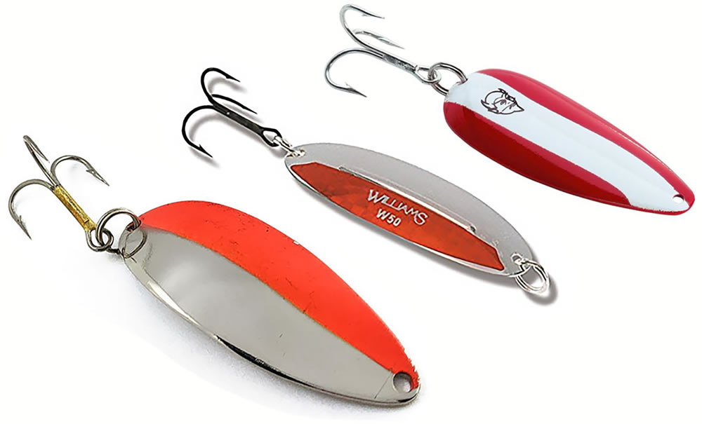 Spoons come in heavy, thin and moderate thicknesses for fishing at different depths and speeds. Front to back, Acme Little Cleo, Williams Wabler, Eppinger Dardevle.