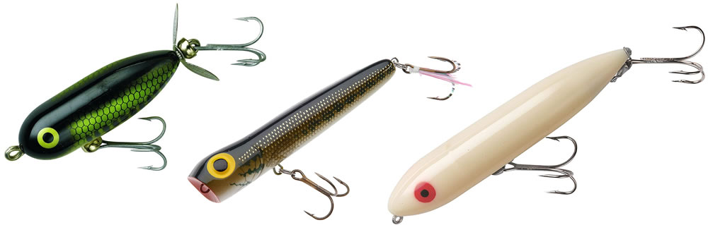 Proven topwaters for smallmouth include (from left) the Heddon Tiny Torpedo, Storm Chug Bug and Heddon Zara Spook. 